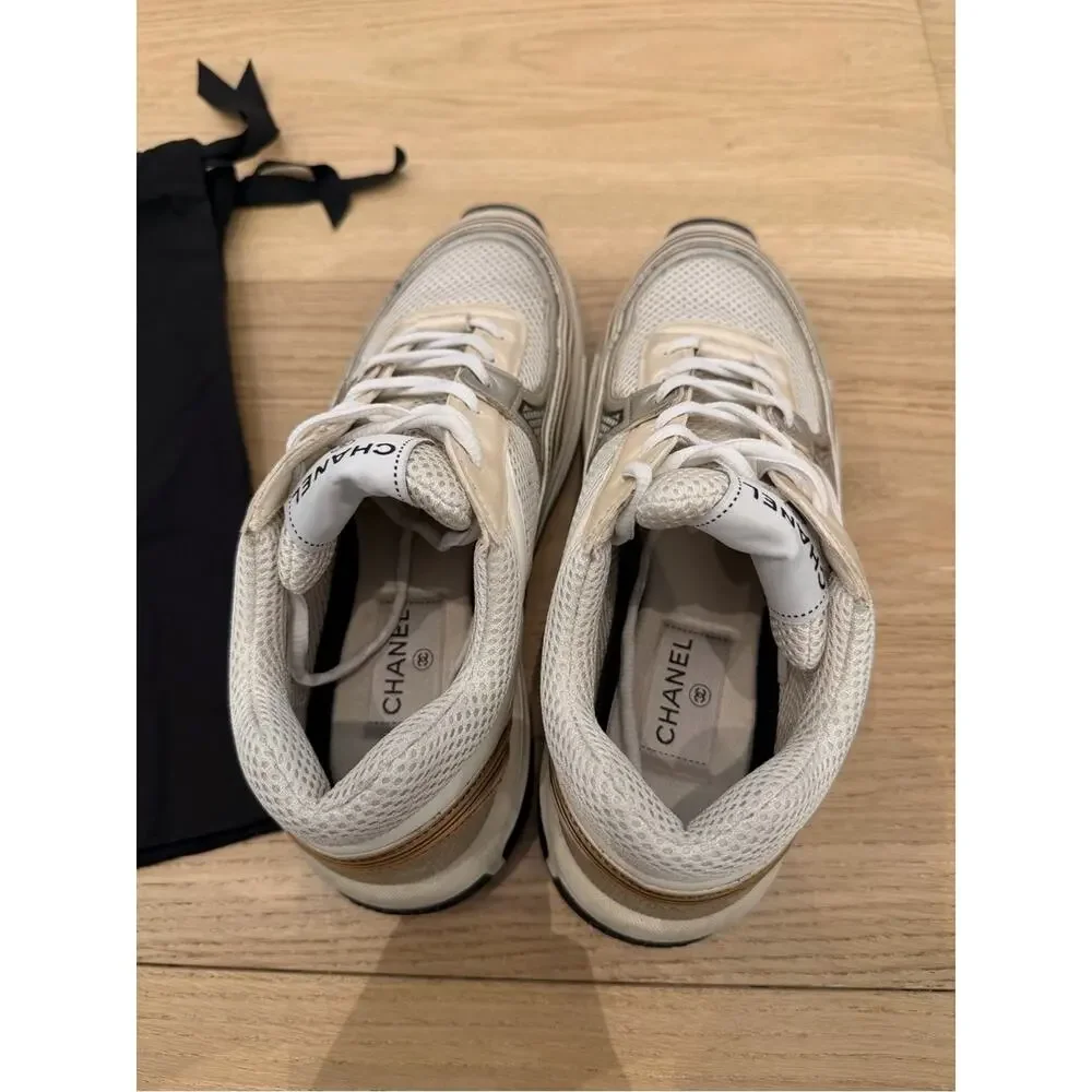 CHANEL Beige Cream Lace-Up Sneakers with Logo